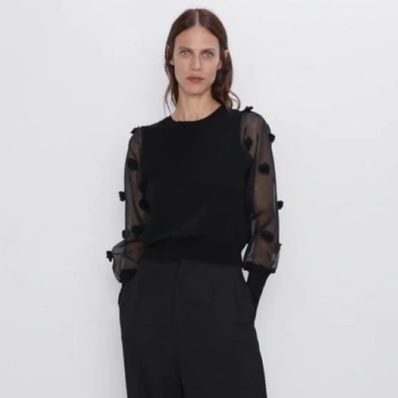 Zara Sweaters - ZARA sheer sleeve sweater with pom poms M - Like new